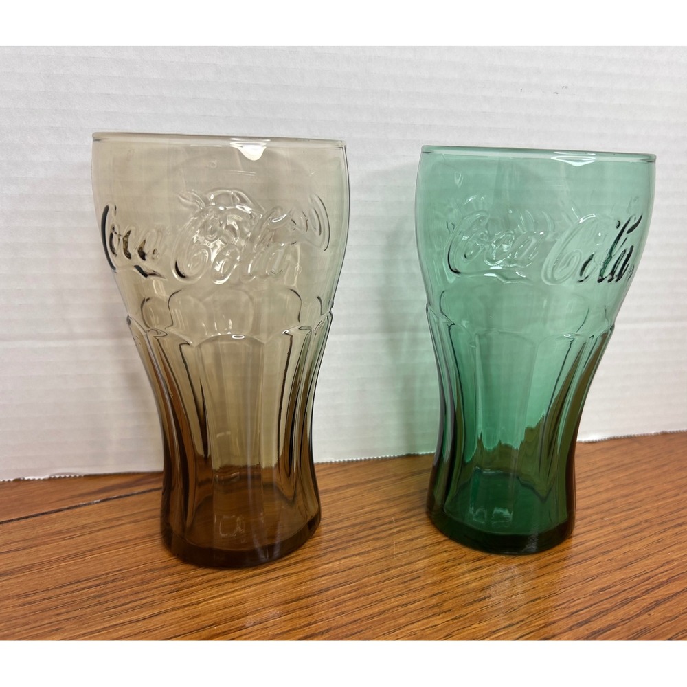 Vintage Coca-Cola Glass Tumblers Set of 2 Georgia Green Amber Brown 6 Inch